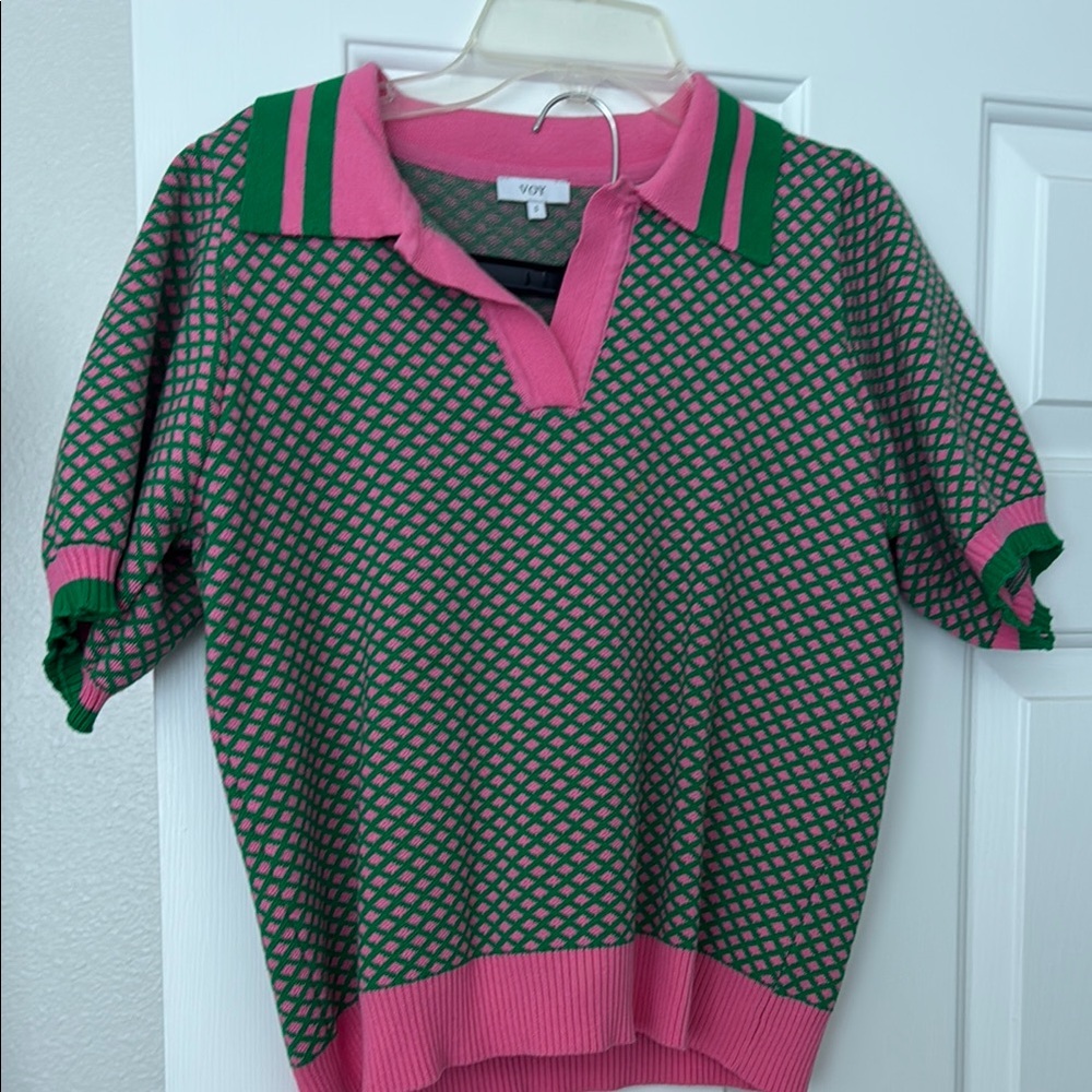 Green and Pink Patterned Polo Shirt